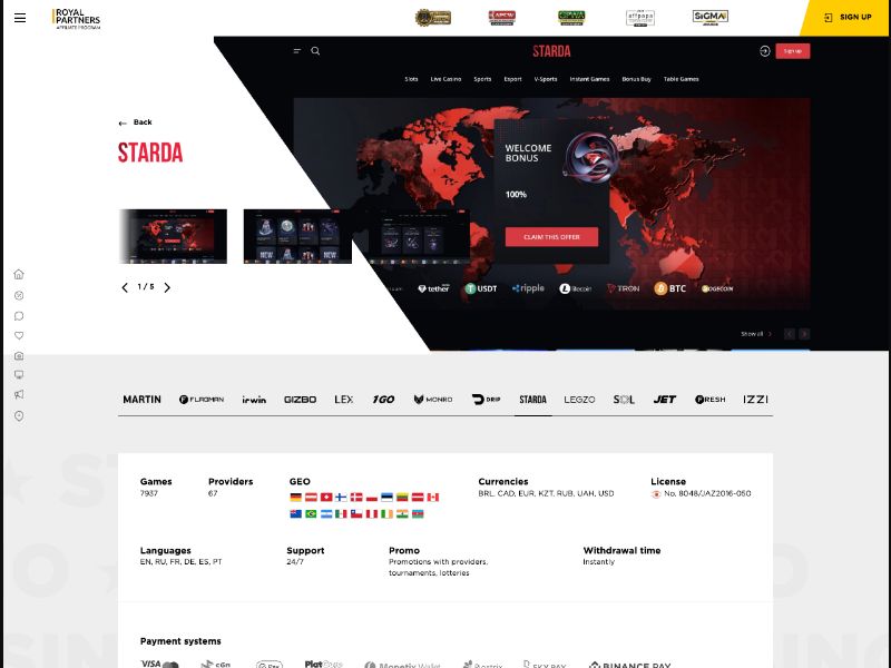 STARDA Casino - CPA Up To 700 EUR, RevShare Up To 60% - PT, PL, DE, BR, CA
