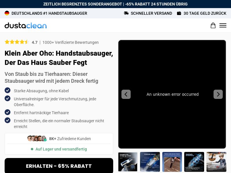 Dustaclean Handheld Vacuum - DTC [DE] (Social,Banner,Native,Push,SEO,Search,Brand Bidding) - CPA