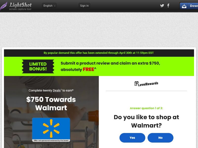 Up Level Rewards - Product Reviewer Walmart Bonus $750 - SOI | US
