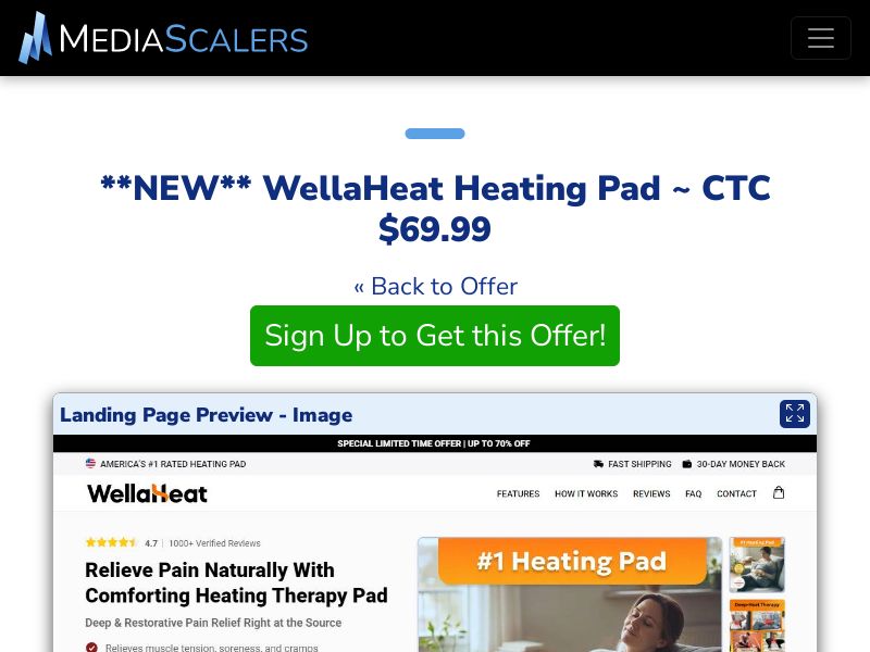 WellaHeat Heating Pad ~ CTC $69.99 {+Advertorial, DTC, Alt-Landers} [US, DE, CA, AU, UK, FR, IL, +232 More]