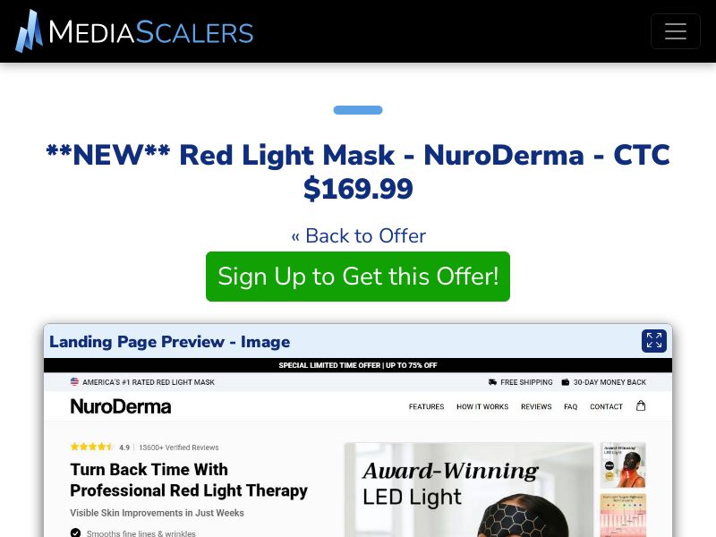 Red Light Mask - NuroDerma - CTC $169.99 {+Advertorial, DTC, Alt-Landers} (Event Tracking) [US, DE, CA, AU, UK, FR, IL, +232 More]