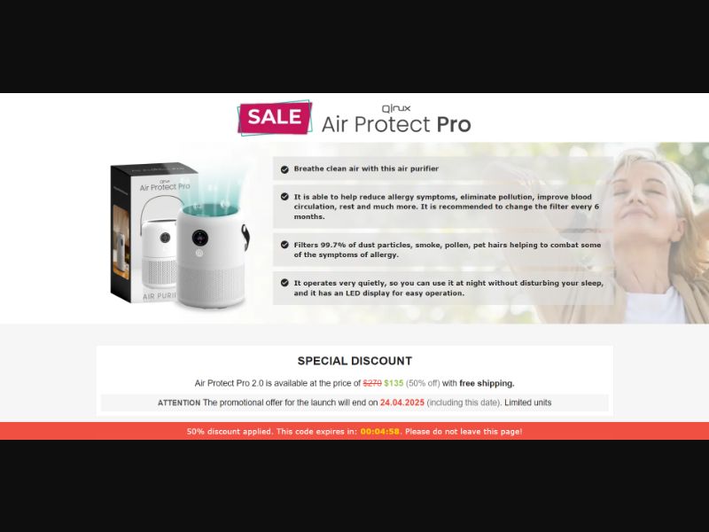 [WEB+MOB] Air Protect Pro 2.0 – Air Purifier /International (112 GEOs) CPS *FB/TT/Google/Taboola Pixel* [Approval Required]
