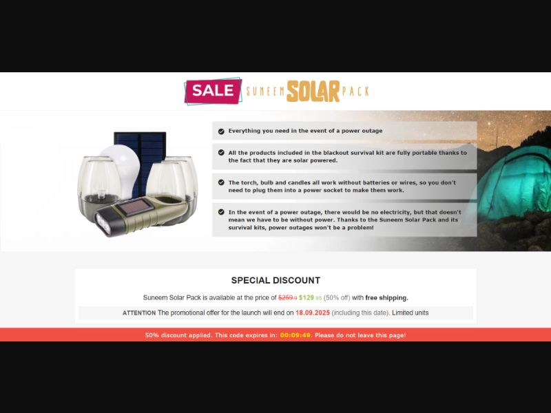[WEB+MOB] Suneem Solar Pack – Blackout Survival Kit /International (112 GEOs) CPS *FB/TT/Google/Taboola Pixel* [Approval Required]