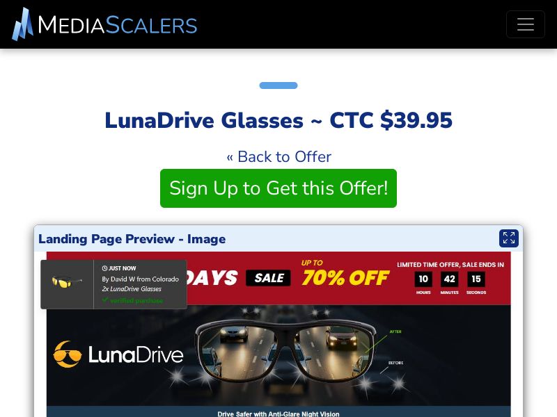 LunaDrive Glasses ~ CTC $39.95 {+Advertorial, DTC, Alt-Landers} (Event Tracking) [US]