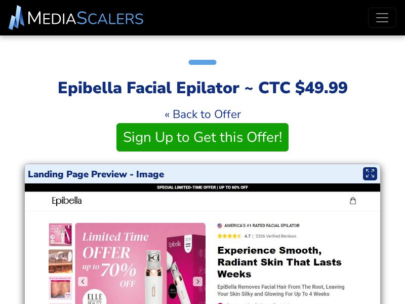 Epibella Facial Epilator ~ CTC $49.99 {+Advertorial, DTC, Alt-Landers} [US, DE, CA, AU, UK, FR, IL, +232 More]