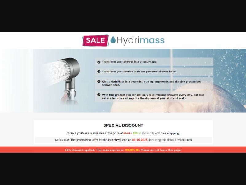 [WEB+MOB] Qinux HydriMass – Powerful Shower Head /International (112 GEOs) CPS *FB/TT/Google/Taboola Pixel* [Approval Required]