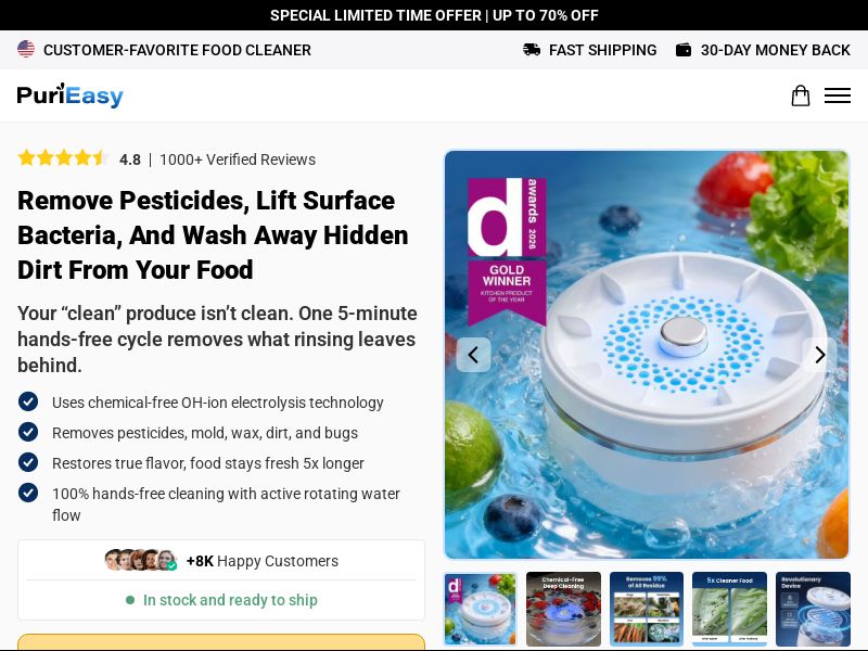 PuriEasy Food Cleaner - Product Page [INTL] (Social,Banner,Native,Push,SEO,Search,Brand Bidding) - CPA