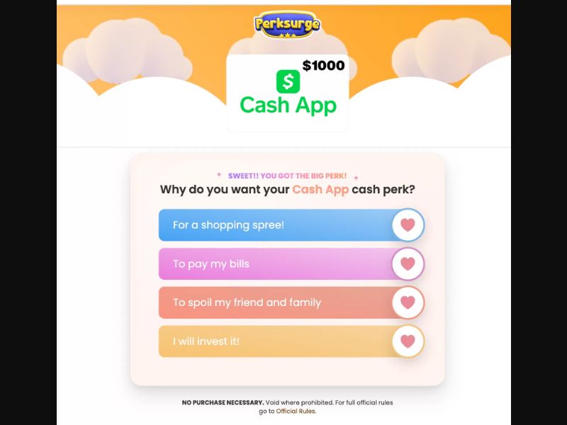 Perksurge Cash app Voucher $1000 - Sweeps/Submits and Surveys