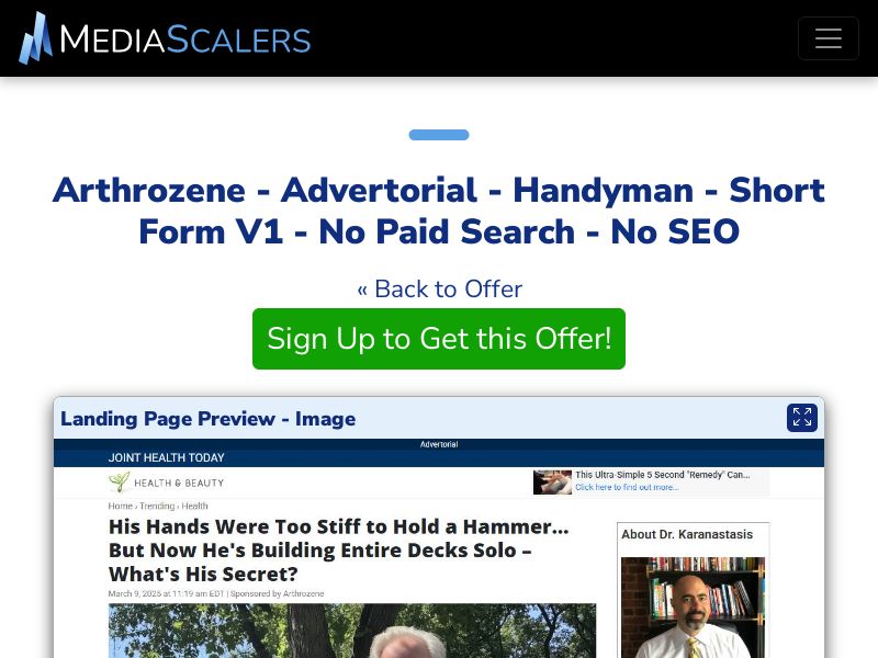 Arthrozene - Advertorial - Handyman - Short Form V1 - No Paid Search - No SEO [US, CA, AU, UK]