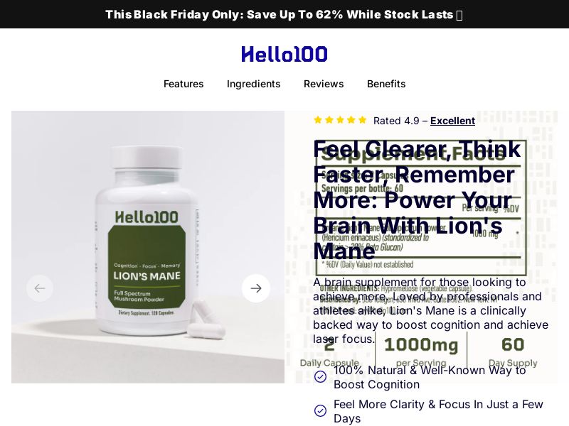 Hello100 - Lion's Mane Capsules - CPS (US,CA,UK + more)