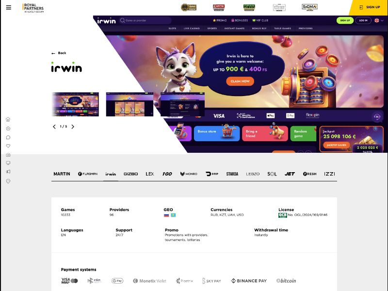 IRWIN Casino - CPA Up To 700 EUR, RevShare Up To 60% - PT, PL, DE, BR, CA