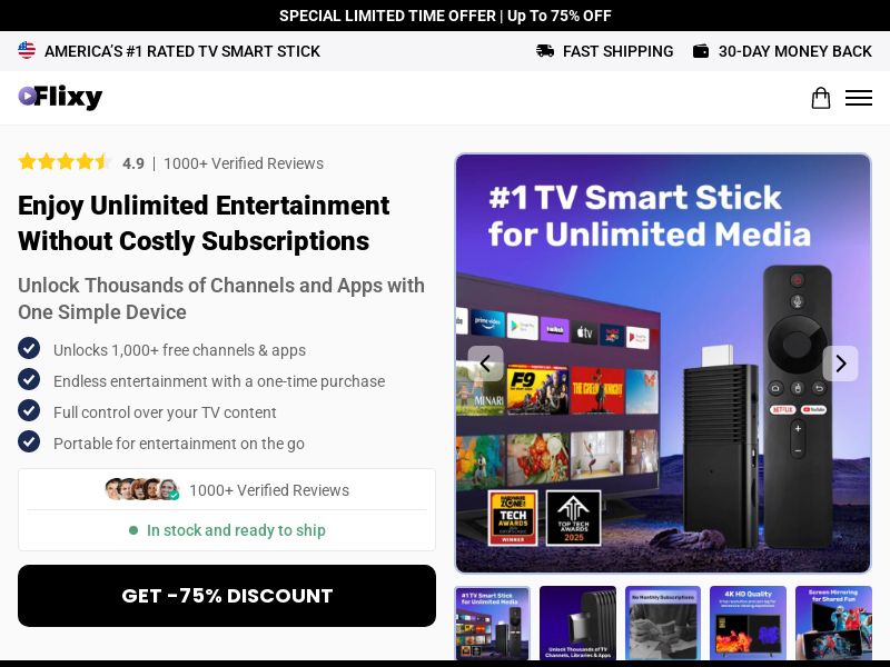 Flixy TV Smart Stick - DTC [INTL] (Social,Banner,Native,Push,SEO,Search,Brand Bidding) - CPA