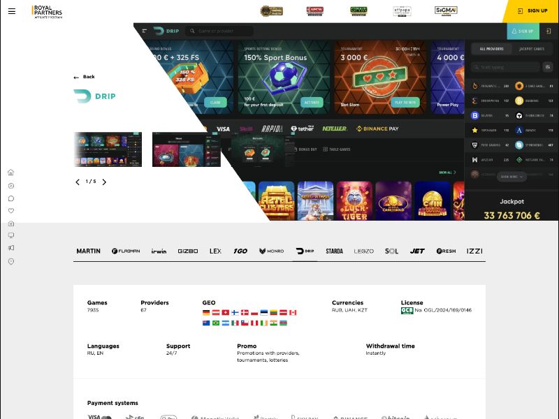 DRIP Casino - CPA Up To 700 EUR, RevShare Up To 60% - PT, PL, DE, BR, CA