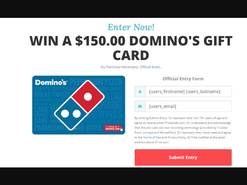 PrizeGrab - Win $150 Domino's Gift Card Box - US
