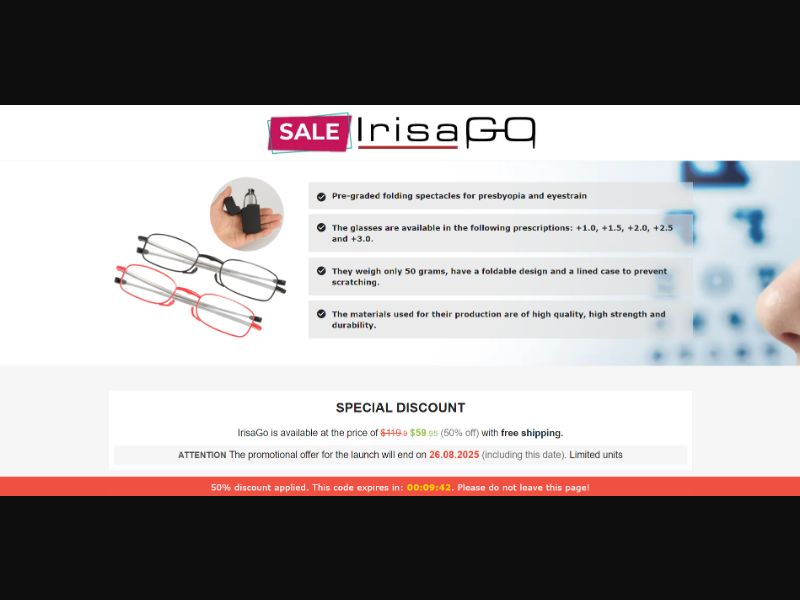 [WEB+MOB] IrisaGo – Presbyopia Glasses /International (112 GEOs) CPS *FB/TT/Google/Taboola Pixel* [Approval Required]