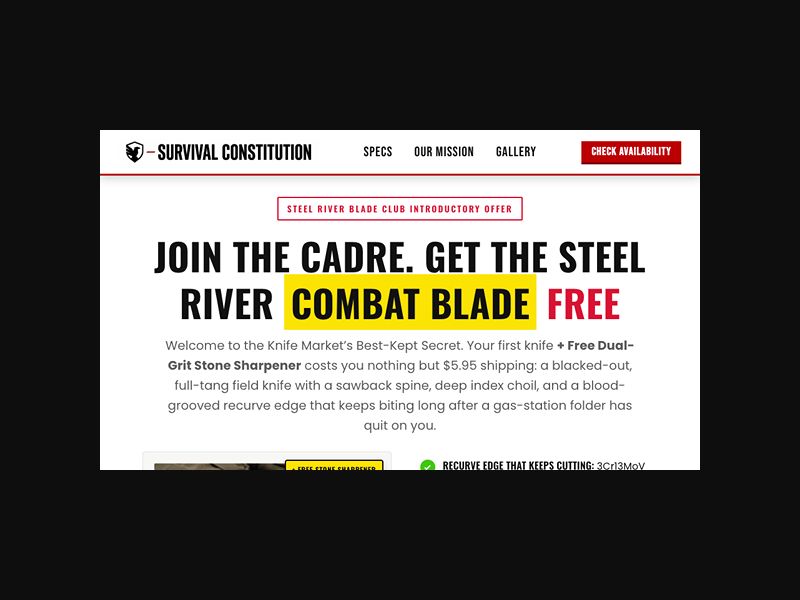 Steel River - Combat Blade + Stone Sharpener - Free + Shipping - CPS (US)