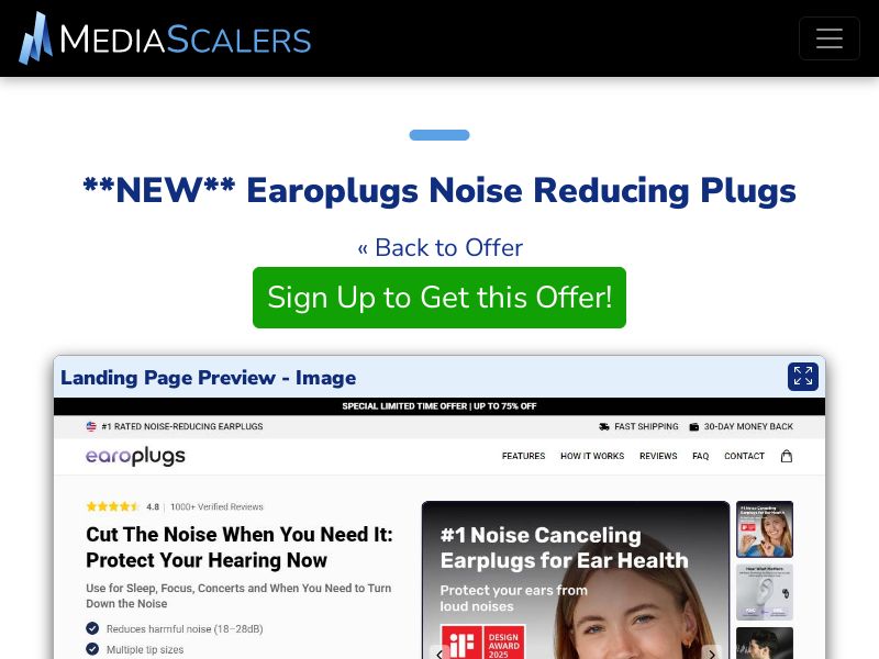 Earoplugs Noise Reducing Plugs {+DTC, Advertorial, Alt-Landers} [US, DE, CA, AU, GB, FR, IL, +236 More]