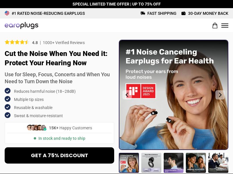 Earoplugs Noise Reducing Plugs - Product Page [INTL] (Social,Banner,Native,Push,SEO,Search,Brand Bidding) - CPA