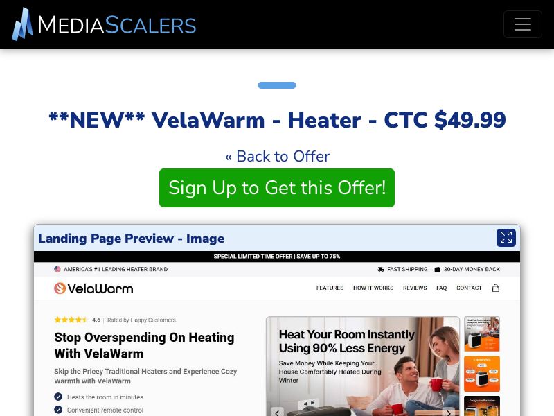 VelaWarm - Heater - CTC $49.99 {+Advertorial, DTC, Alt-Landers} (Event Tracking) [US, DE, CA, AU, UK, FR, IL, +232 More]