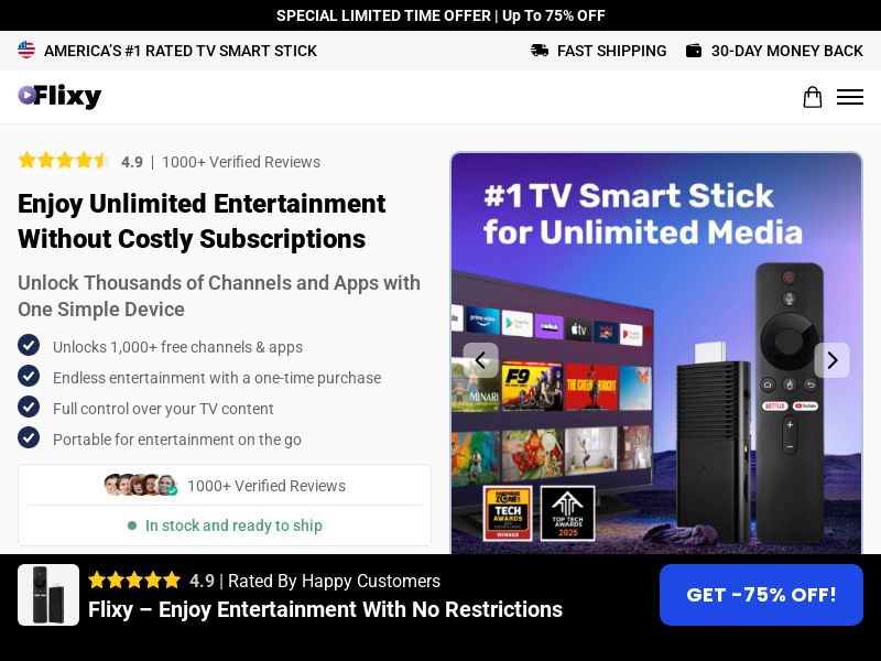 ! HOT OFFER - Flixy TV Smart Stick - Product Page [INTL] (Social,Banner,Native,Push,SEO,Search,Brand Bidding) - CPA