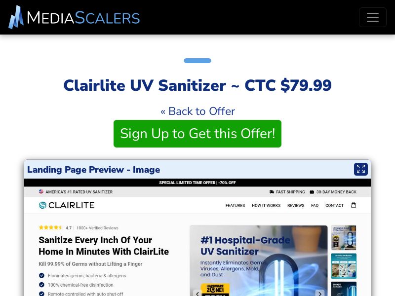 Clairlite UV Sanitizer ~ CTC $79.99 {+Advertorial, DTC, Alt-Landers} [US, DE, CA, AU, UK, FR, IL, +232 More]
