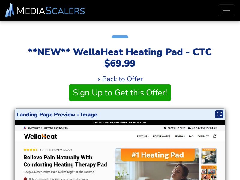 WellaHeat Heating Pad - CTC $69.99 {+Advertorial, DTC, Alt-Landers} [US, DE, CA, AU, UK, FR, IL, +232 More]