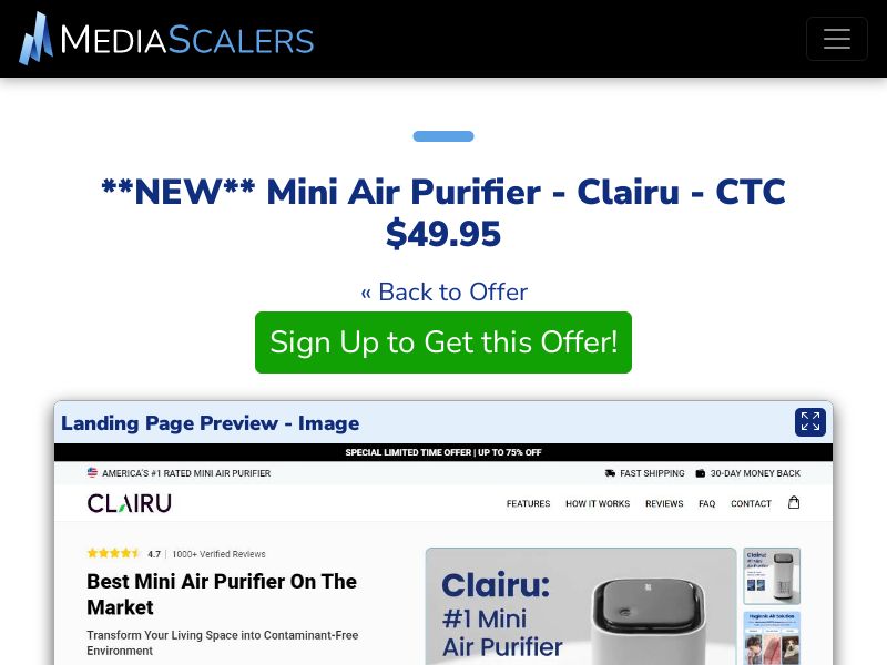 Mini Air Purifier - Clairu - CTC $49.95 {+Advertorial, DTC, Alt-Landers} [US, DE, CA, AU, UK, FR, IL, +232 More]