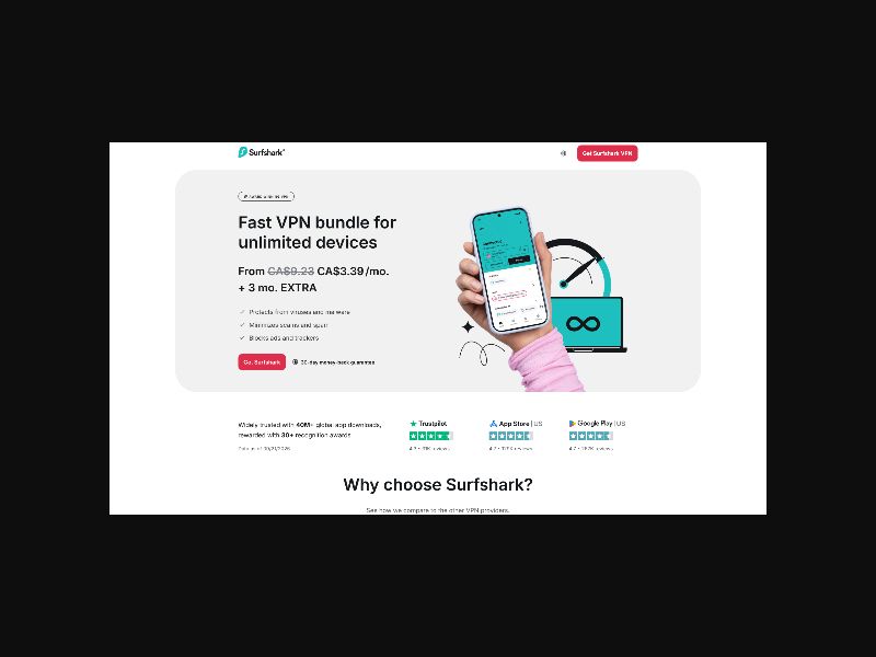 Surfshark - VPN Subscription - CPS (US,UK,CA + more)