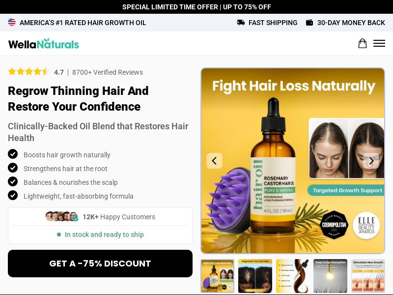 WellaNaturals Hair Growth Oil - Product Page [INTL] (Social,Banner,Native,Push,SEO,Search,Brand Bidding) - CPA