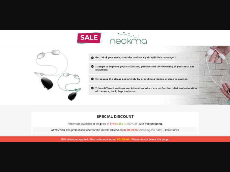 [WEB+MOB] Neckma – Neck and Shoulder Massager /International (112 GEOs) CPS *FB/TT/Google/Taboola Pixel* [Approval Required]