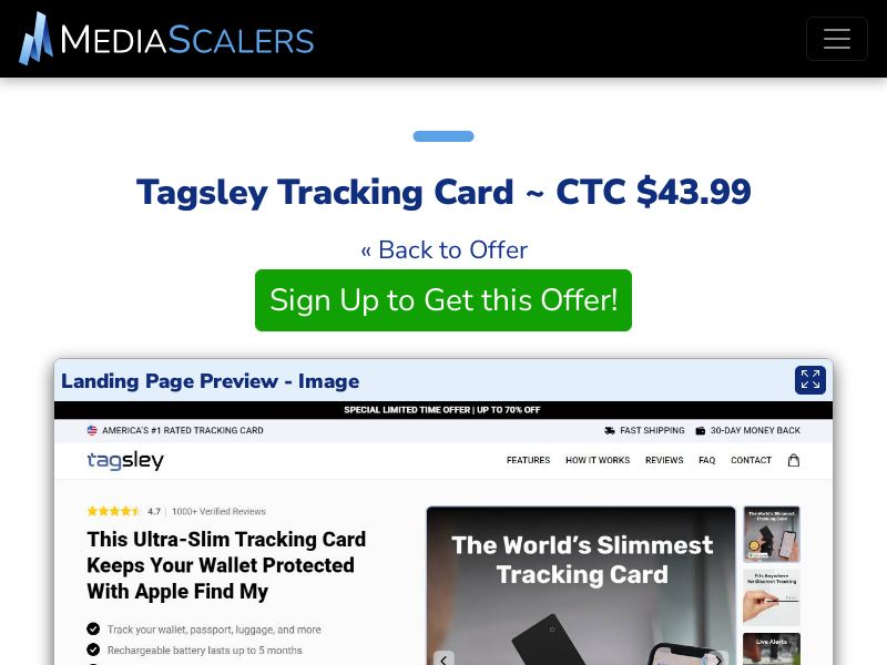 Tagsley Tracking Card ~ CTC $43.99 {+Advertorial, DTC, Alt-Landers} [US, DE, CA, AU, UK, FR, IL, +232 More]