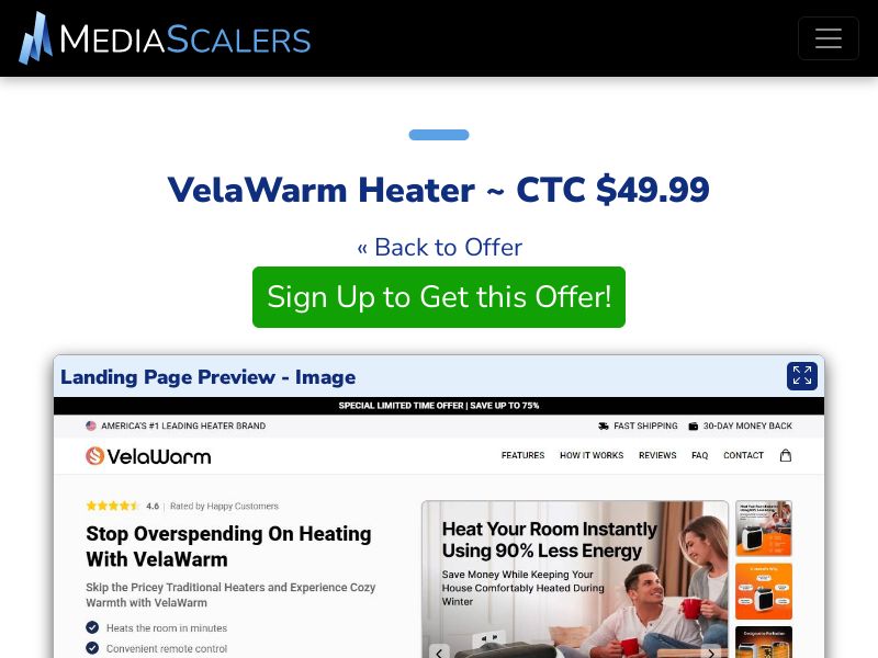 VelaWarm Heater ~ CTC $49.99 {+Advertorial, DTC, Alt-Landers} [US, DE, CA, AU, UK, FR, IL, +232 More]