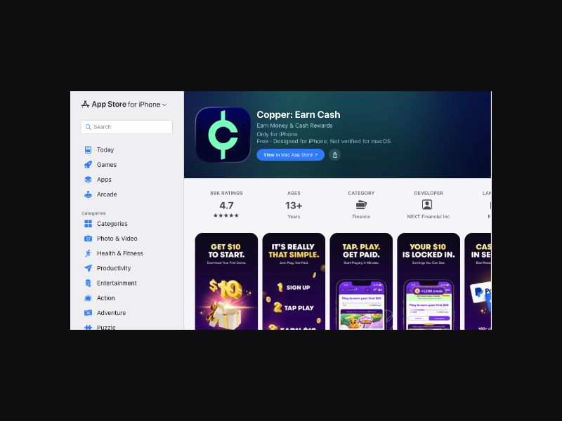 Copper - Play and Earn Cash Money - CPA (US) {iOS Only}