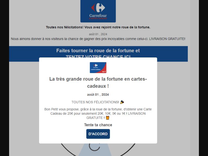 [WEB+MOB] Spin the wheel - Carrefour Giftcard €1 CTC /FR CC Submit [EMAIL ONLY]