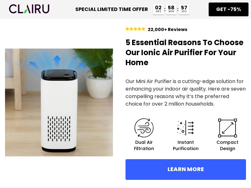 Clairu Mini Air Purifier - Listicle [INTL] (Social,Banner,Native,Push,SEO,Search,Brand Bidding) - CPA