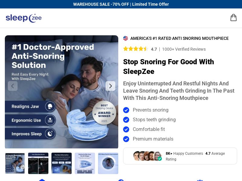 Sleepzee Anti Snoring Mouthpiece - DTC [INTL] (Social,Banner,Native,Push,SEO,Search,Brand Bidding) - CPA