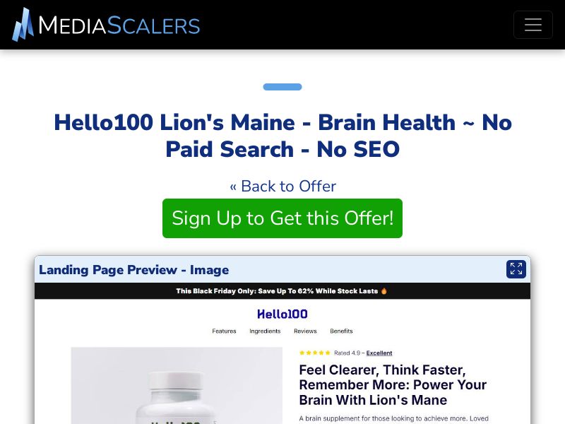 Hello100 Lion's Maine - Brain Health ~ No Paid Search - No SEO [US, DE, CA, AU, UK]