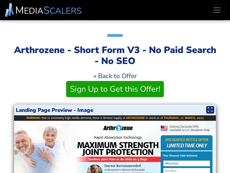 Arthrozene - Short Form V3 - No Paid Search - No SEO [US, CA, AU, UK]