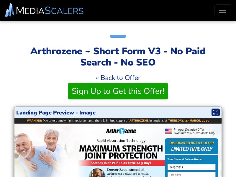 Arthrozene ~ Short Form V3 - No Paid Search - No SEO [US, CA, AU, UK]