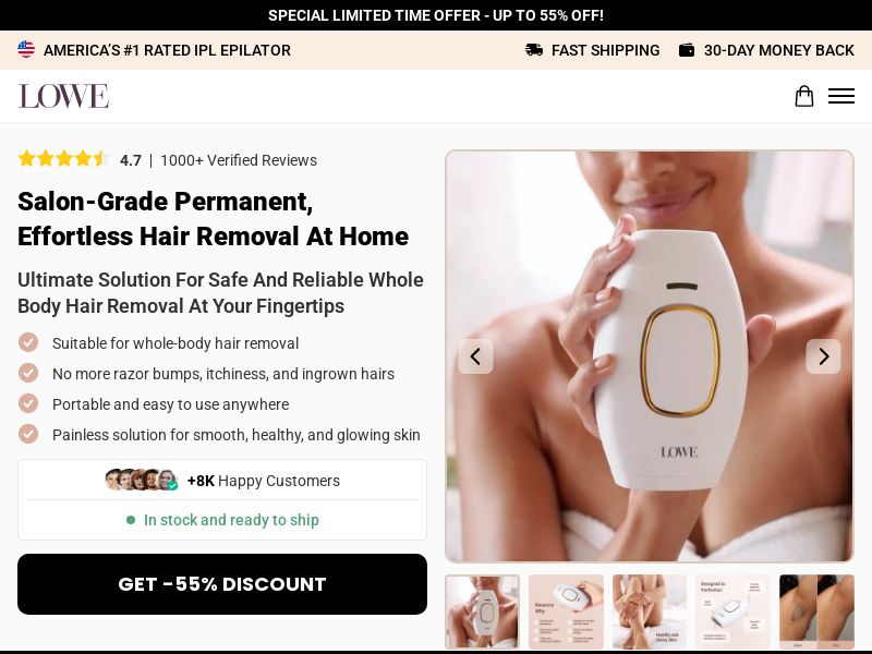 LoweSkin Laser Epilator - Product Page [INTL] (Social,Banner,Native,Push,SEO,Search,Brand Bidding) - CPA