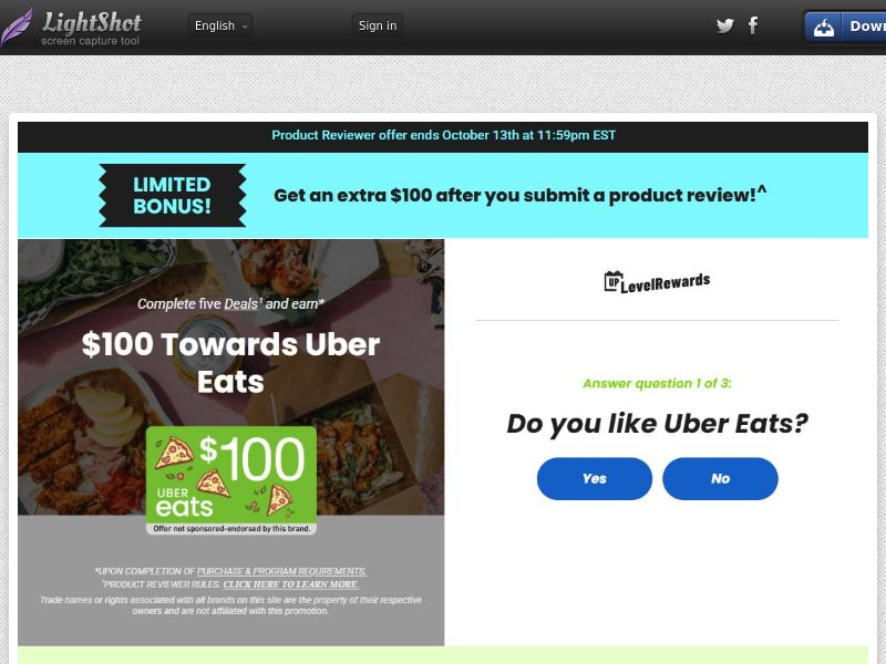 Rewards US - Social/Incent - Uber Eats Bonus $100 - CPL | US