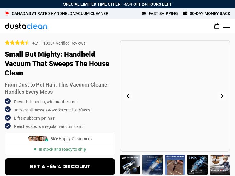 ! NEW OFFER - Dustaclean Handheld Vacuum - DTC [CA] (Social,Banner,Native,Push,SEO,Search,Brand Bidding) - CPA