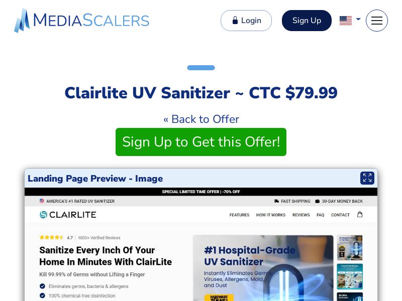 Clairlite UV Sanitizer ~ CTC $79.99 {+Advertorial, DTC, Alt-Landers} (Event Tracking) [US, DE, CA, AU, UK, FR, IL, +232 More]