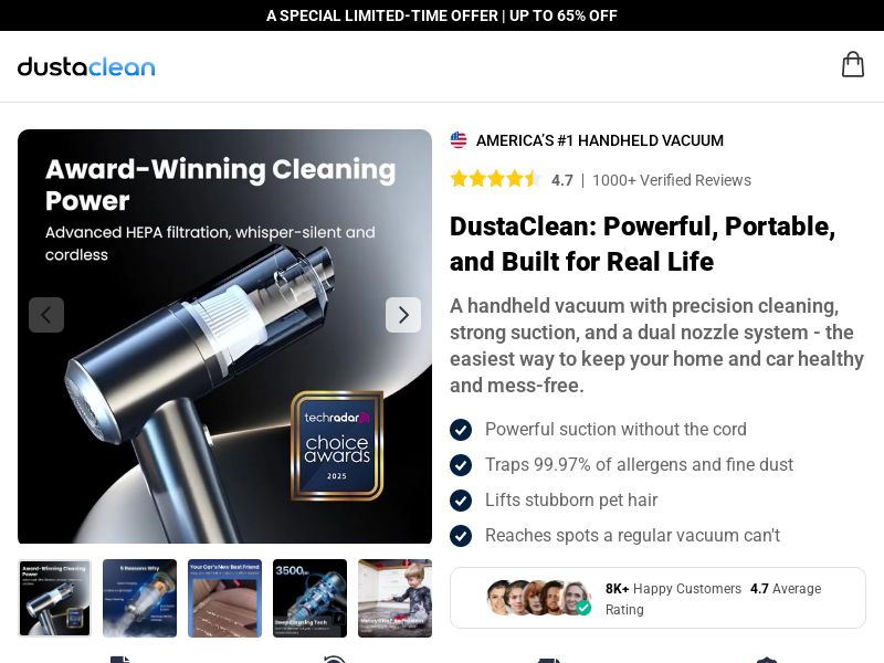 Dustaclean Handheld Vacuum - DTC [INTL] (Social,Banner,Native,Push,SEO,Search,Brand Bidding) - CPA 