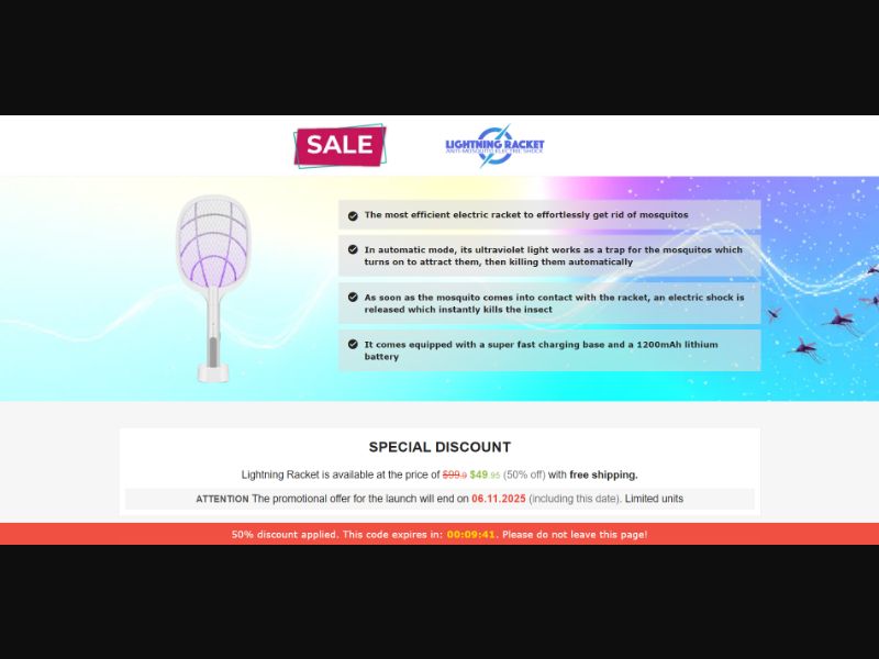 [WEB+MOB] Lightning Racket – Electric Anti-Mosquito Racket /International (116 GEOs) CPS *FB/TT/Google/Taboola Pixel* [Approval Required]