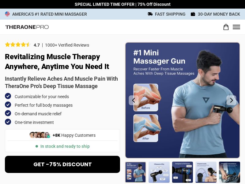 ! NEW OFFER - TheraOne Pro Massage Gun - Product Page [INTL] (Social,Banner,Native,Push,SEO,Search,Brand Bidding) - CPA