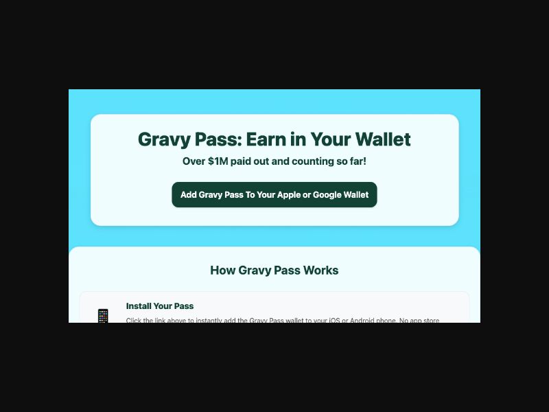 Gravy Pass - Earn Rewards - CPA (US) {Mobile -Android only}