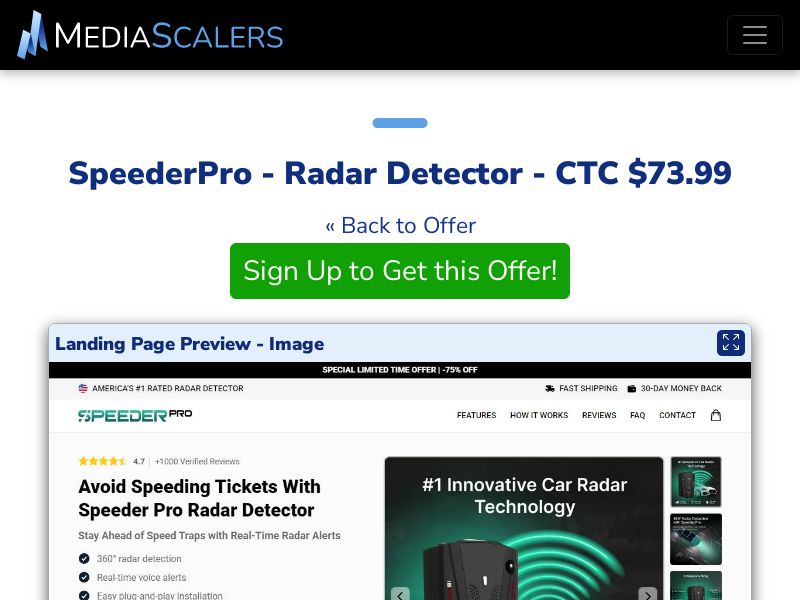 SpeederPro - Radar Detector - CTC $73.99 {+Advertorial, DTC, Alt-Landers} [US, DE, CA, AU, UK, FR, IL, +232 More]