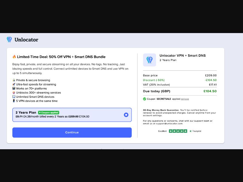 UK - Unlocator - 2 years VPN + Smart DNS - DTC - CPS