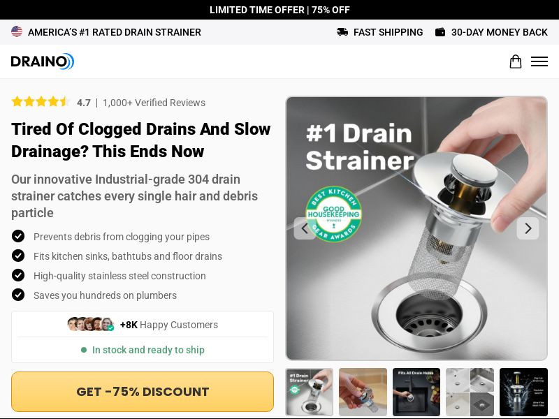 ! NEW OFFER - Draino Drain Strainer - Product Page [INTL] (Social,Banner,Native,Push,SEO,Search,Brand Bidding) - CPA 